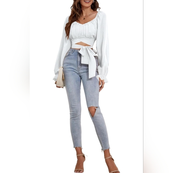 New White Wrap Tie Front Crop Top Blouse - Picture 4 of 5